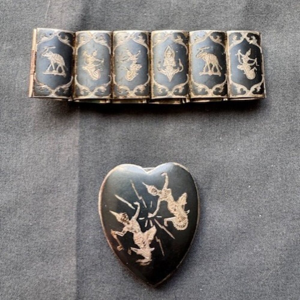 Vintage Thai/Siam Etched Silver Nielloware Bracelet and Brooch Set